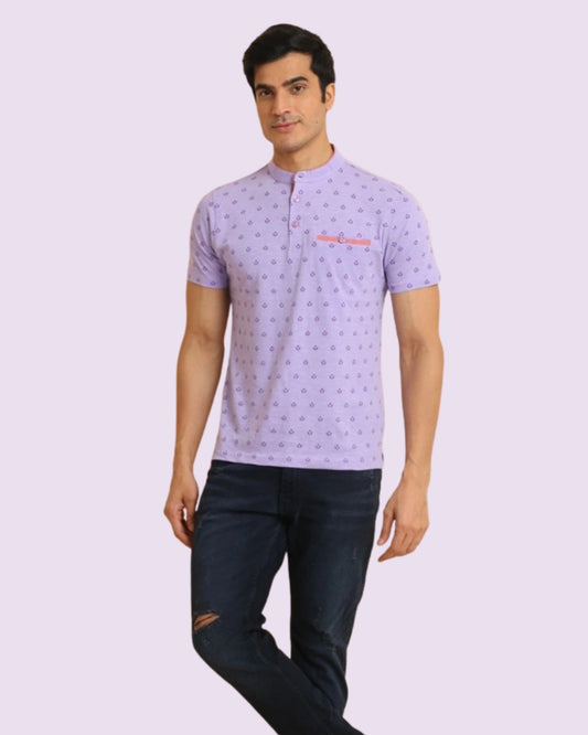 Men's Casual Cotton Printed Mandarin Collar Half Sleeve T-Shirt (Lavender)