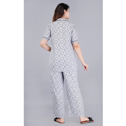 Women's Casual Half Sleeve Printed Viscose Rayon Shirt With Pyjama Pant Night Suit Set (Grey)