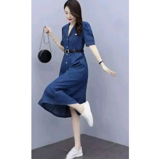 Women's Casual Denim Half Sleeves Dress (Blue)