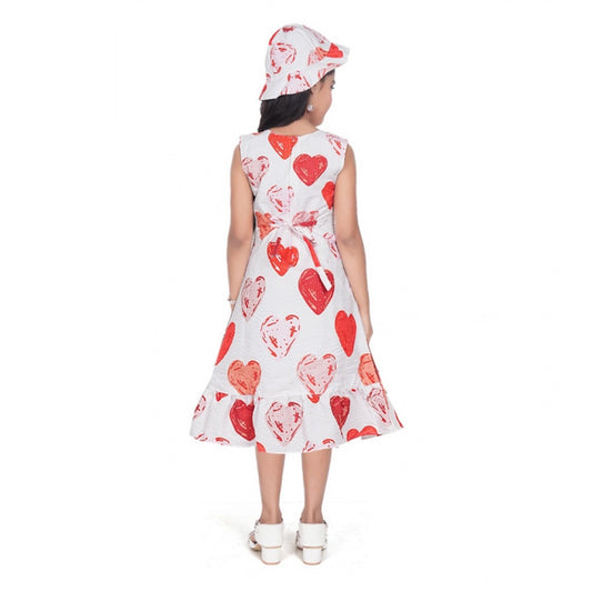 Girl's Popcorn Printed Sleeve Less Round Neck Dress (Red)