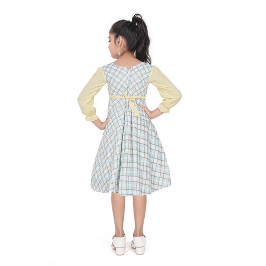 Girl's Digital Twill Striped 3/4 th Sleeve Round Neck Dress (Light Green)
