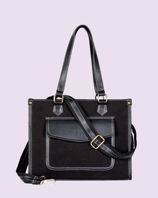 Women's Canvas Medium Top handle Satchel Zipper Handbag (Black)