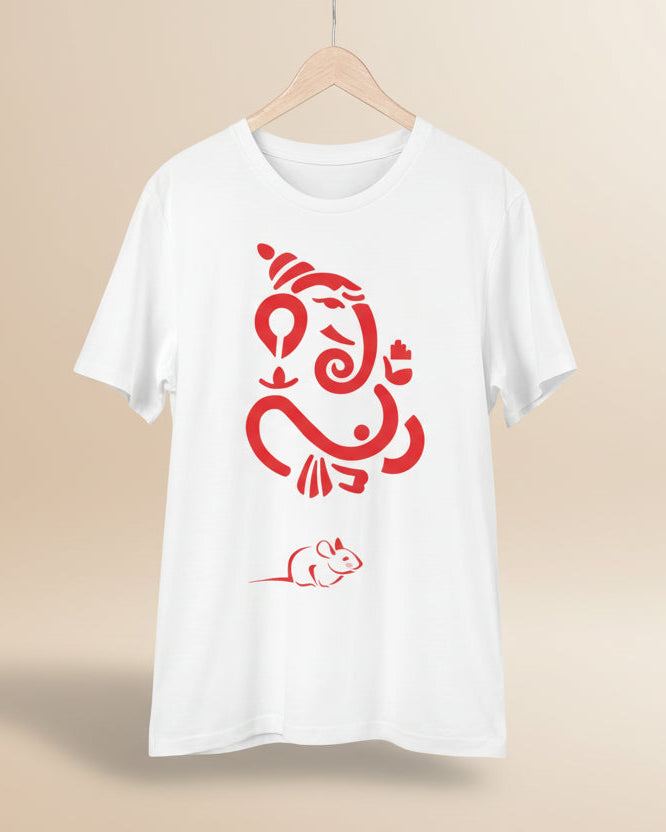 Men's PC Cotton Ganesh Printed T Shirt (Color: White, Thread Count: 180GSM)