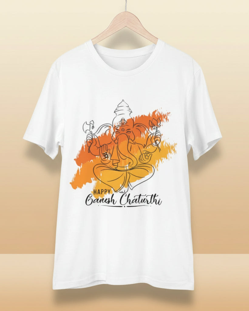 Men's PC Cotton Ganesh Printed T Shirt (Color: White, Thread Count: 180GSM)