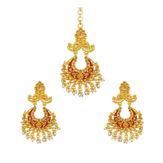 Women's Rose Gold Plated Alloy Kundan Earrings &amp; Mangtikka (Maroon)
