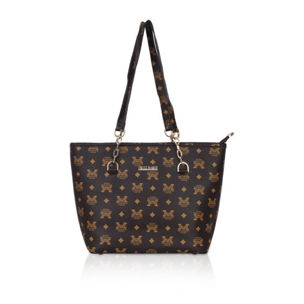 Women's Faux Leather Printed Tote Bag (Brown)