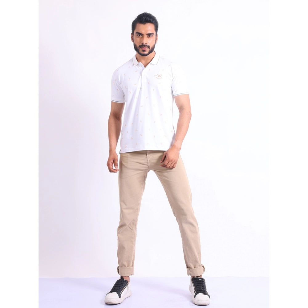 Men's Casual Cotton Printed Polo Neck Half Sleeve T-Shirt (White)