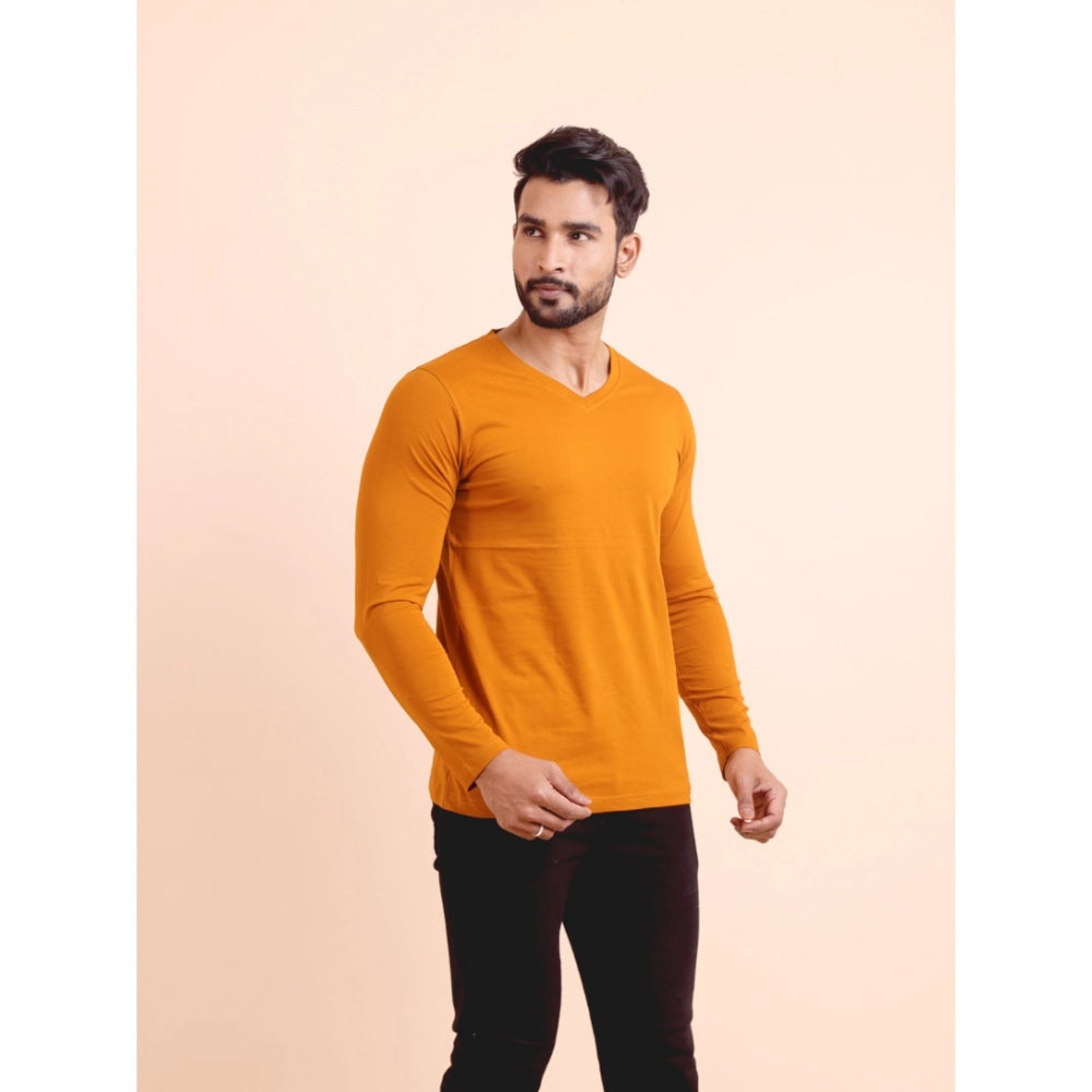 Men's Casual Cotton Solid V Neck Full Sleeve T-Shirt  (Mustard)