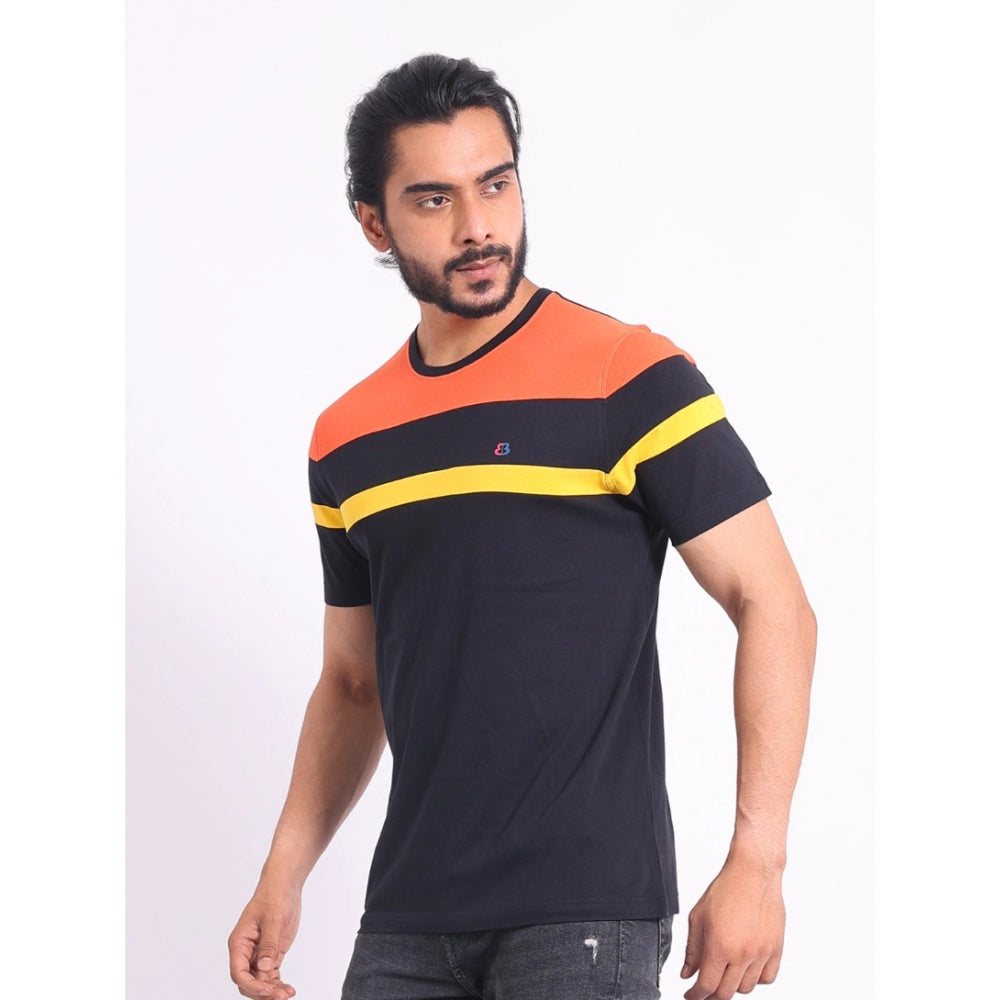 Men's Casual Cotton Printed Round Neck Half Sleeve T-Shirt (Black)