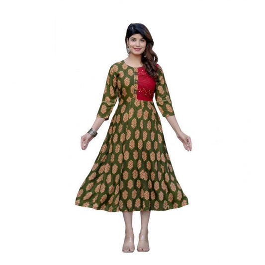 Women'sRayonPrintWithEmbroideryWorkA-LineKurti(DarkGreen)