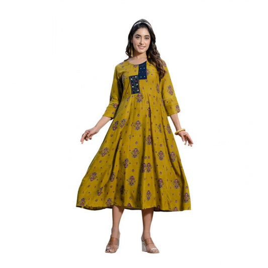 Women'sRayonPrintWithEmbroideryWorkA-LineKurti(Mehendi)