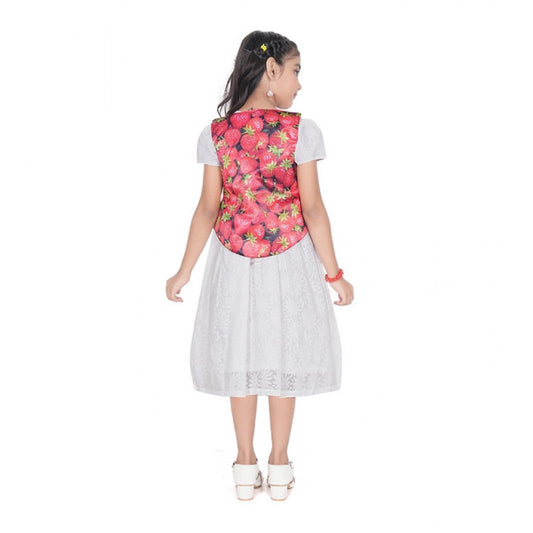 Girl's Heavy Chicken Printed Short Sleeve Round Neck Dress (White)