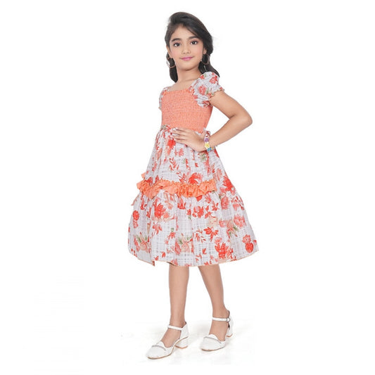 Girl's Twill Printed Short Sleeve Squre Neck Dress (Red)