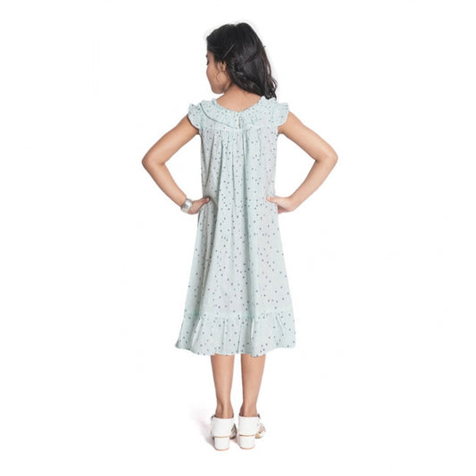 Girl's Heavy Pc Printed Sleeve Less Round Neck Dress (Light Blue)