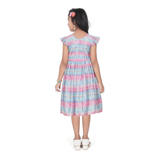Girl's Lycra Printed Sleeve Less Round Neck Dress (Multicolor)