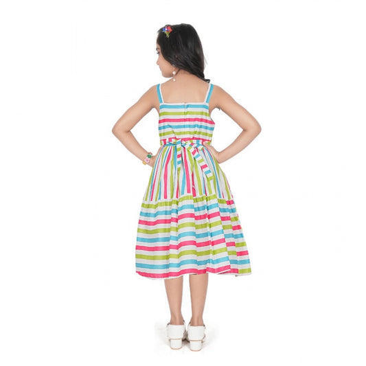 Girl's Cotton Striped Sleeve Less Squre Neck Dress (Multicolor)